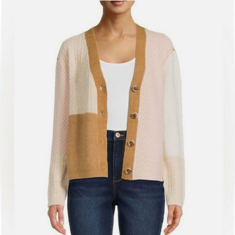 beachlunchlounge XXL Colorblock Ivory Tan Pink Cable Knit Patchwork Cardigan